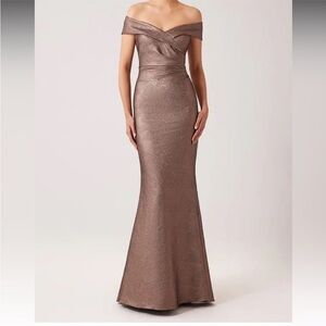 Teri Jon Metallic Jacquard Portrait Off Shoulder Gown in Bronze